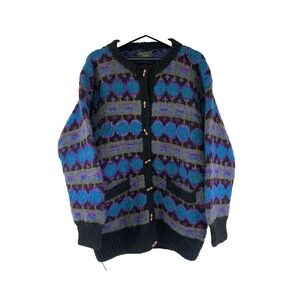 Lost Horizons Himalayan Wool HandKnit Sweater Cardigan Nepal Purple Teal Large